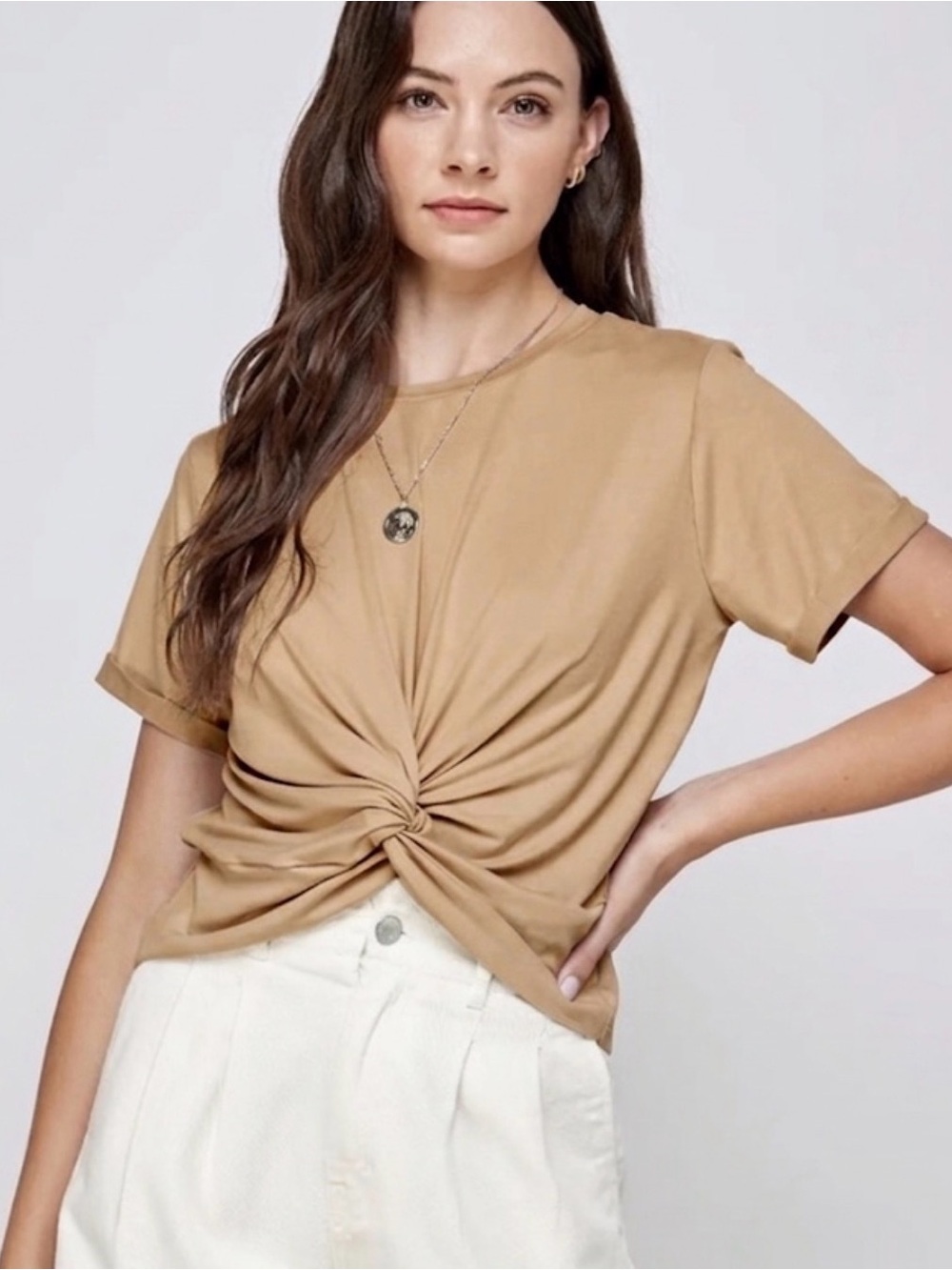 If She Loves Twist Front Knot Top Oat color Size Medium Neutral Soft Stretchy